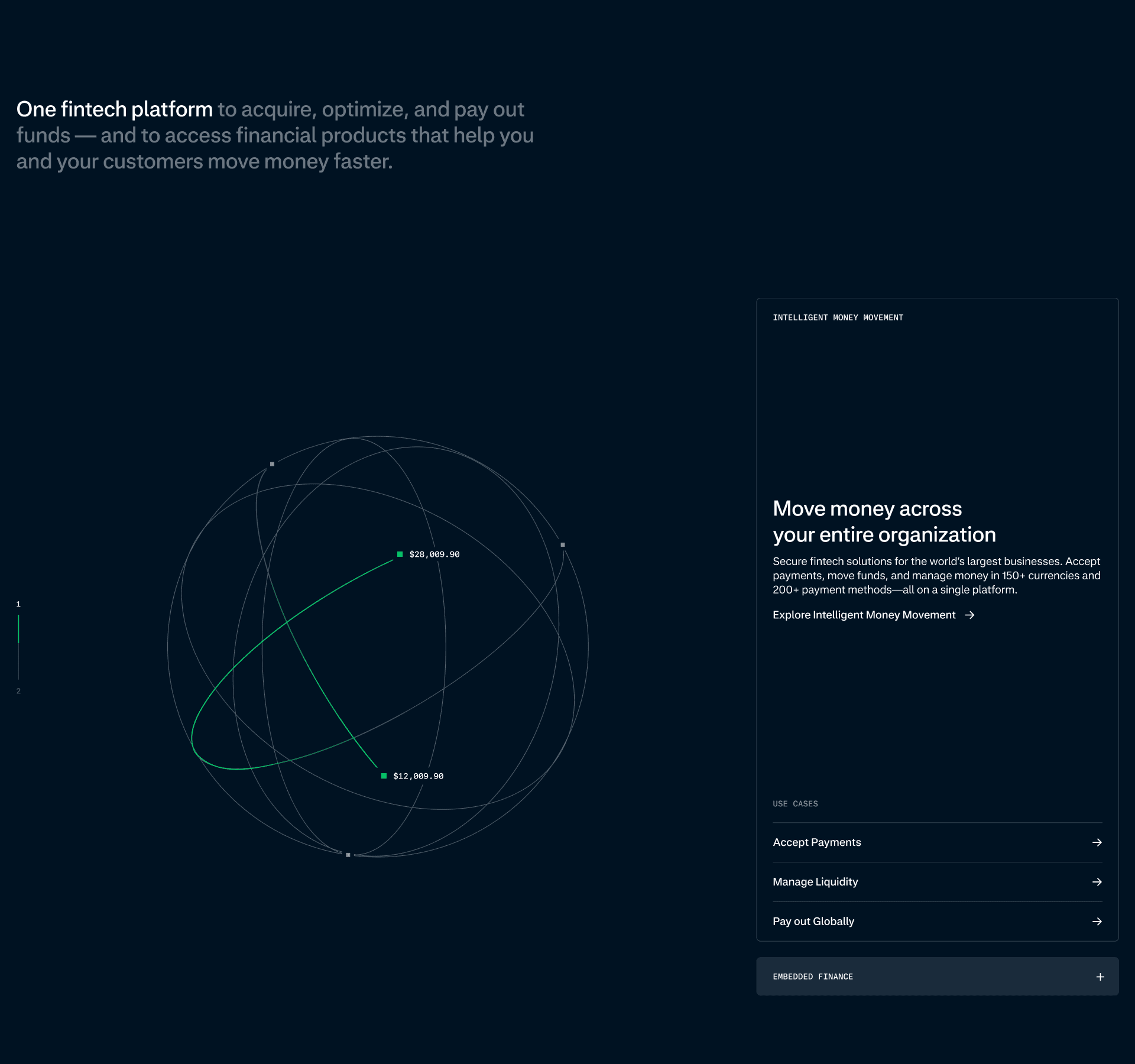 Adyen homepage interface with dark navigation and product storytelling