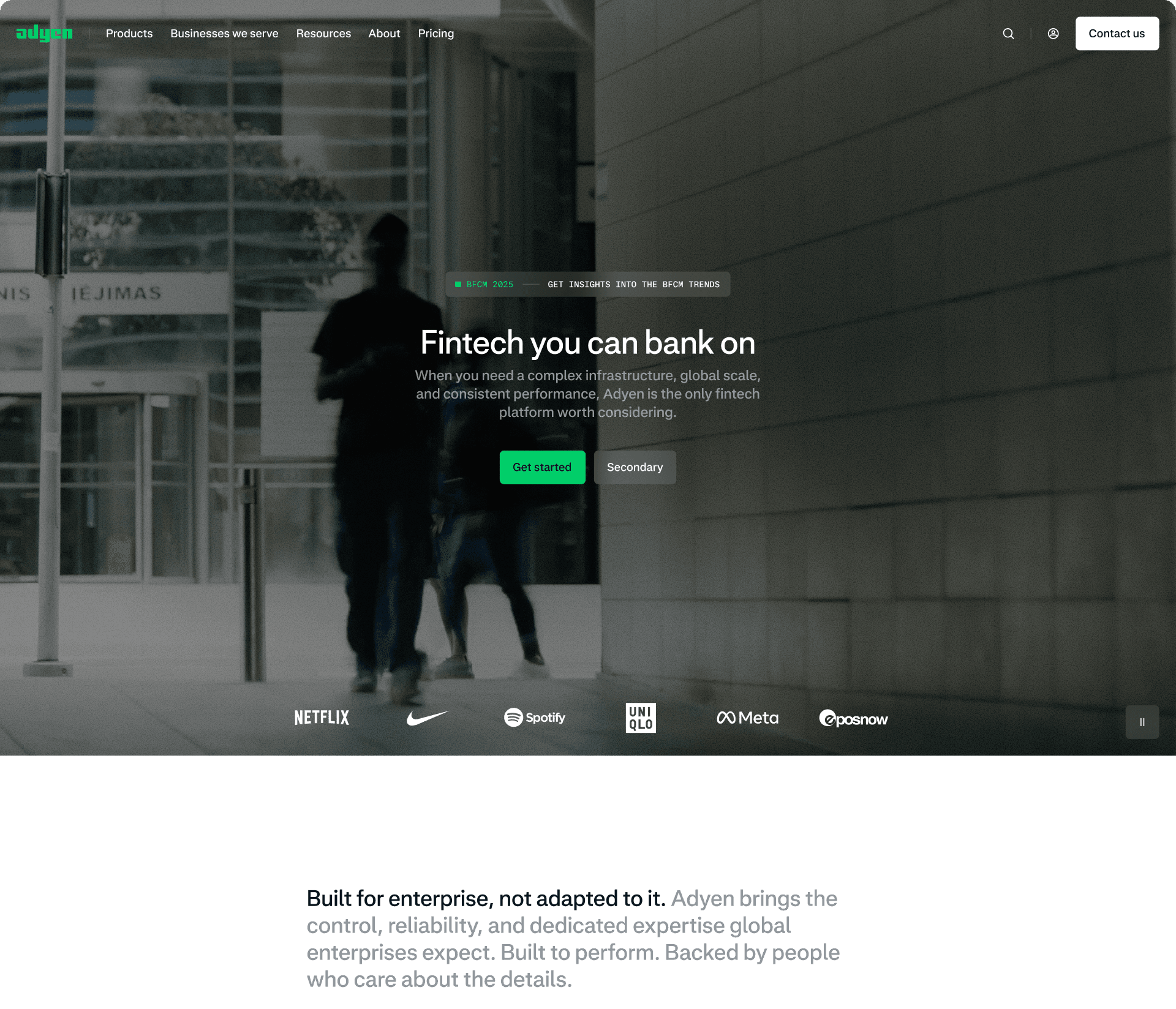 Adyen homepage design highlighting global payments platform messaging
