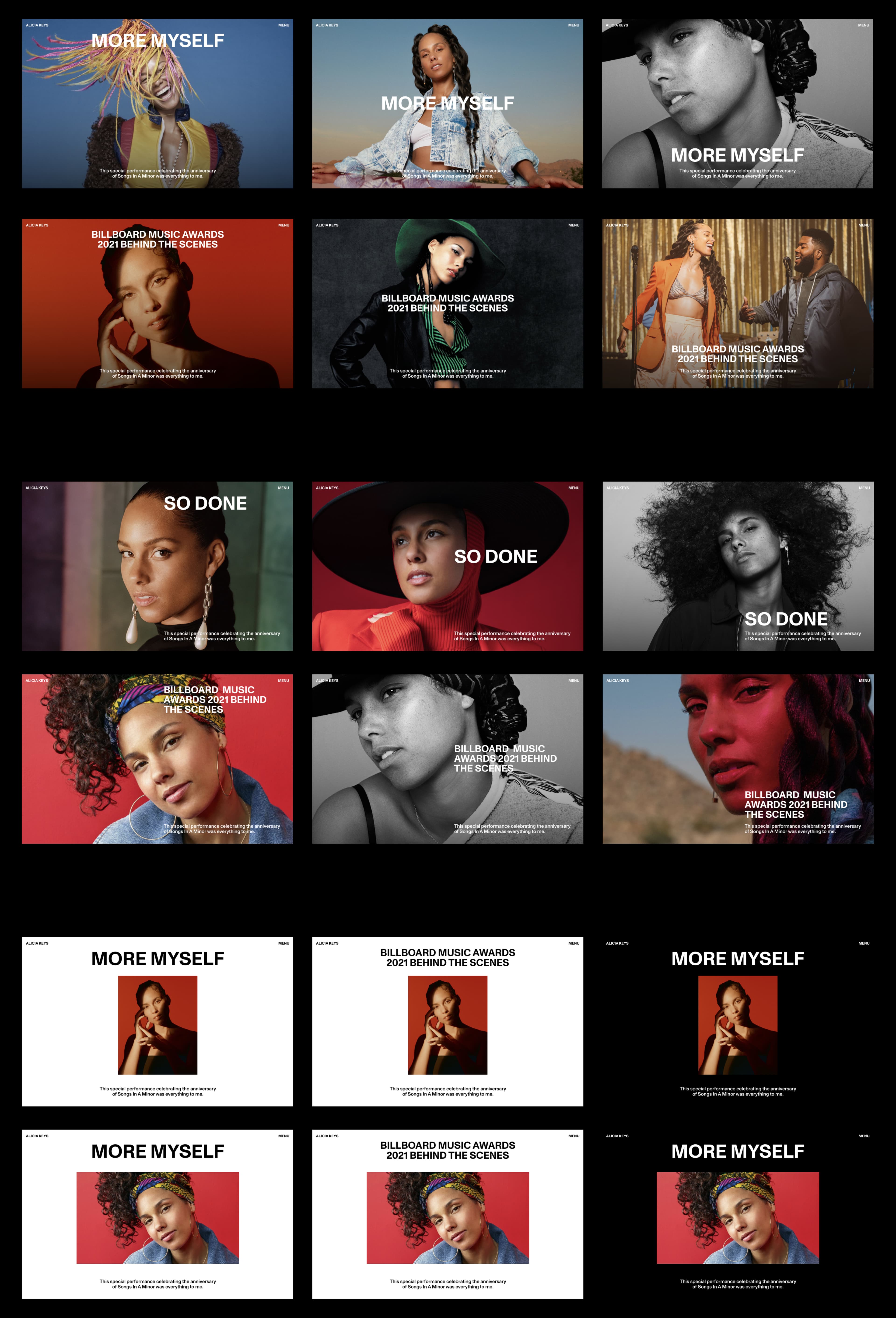 Image of the design variants of all various screens of the website of Alicia Keys