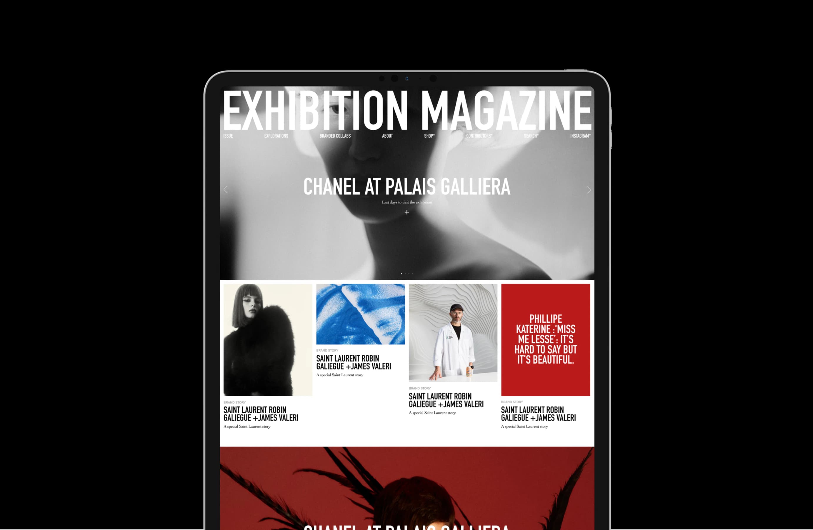 Image of the website of Exhibition Magazine within an iPad Pro frame