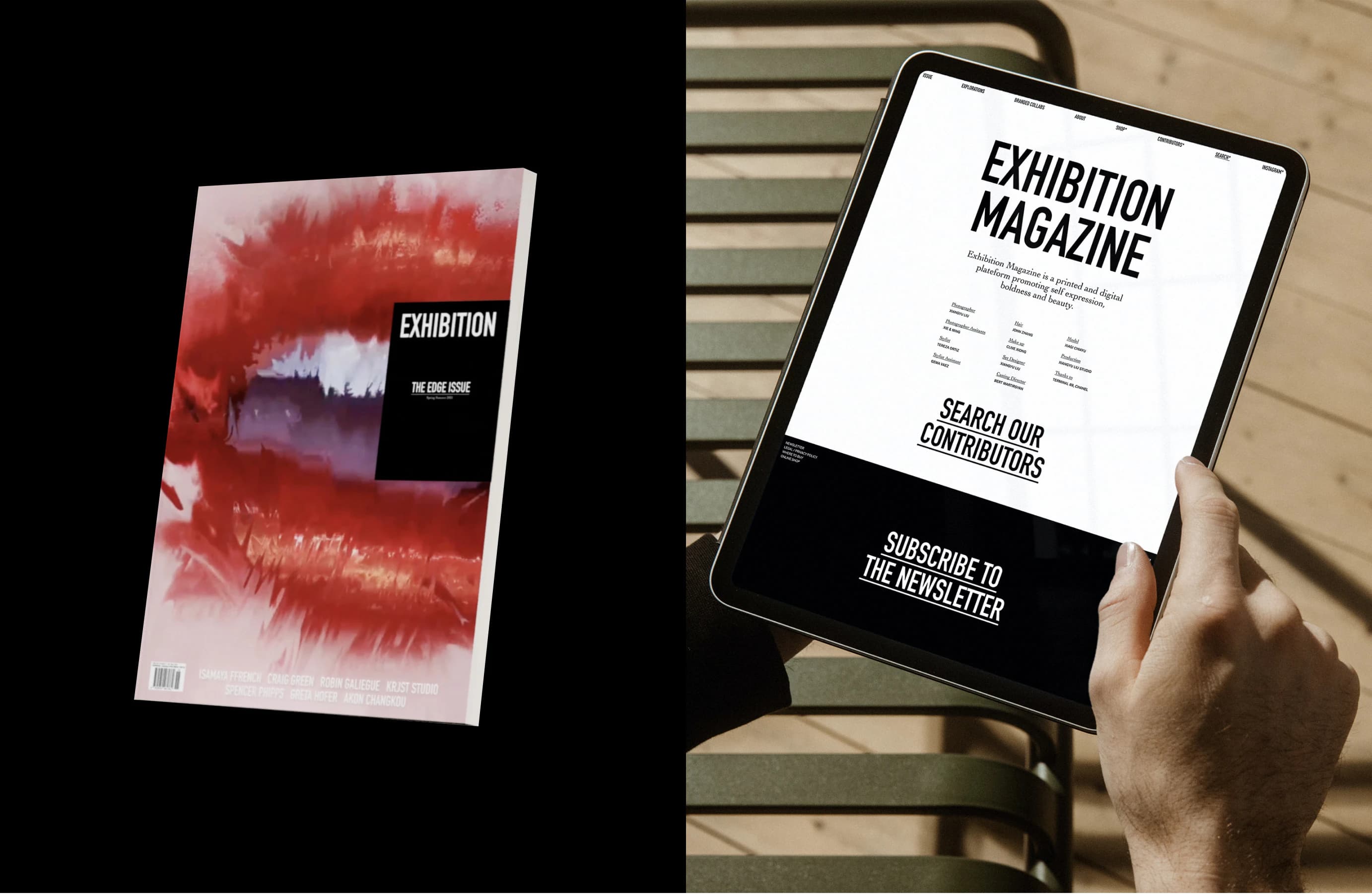 Image of The Edge Issue cover of Exhibition Magazine alongside the About page of the website