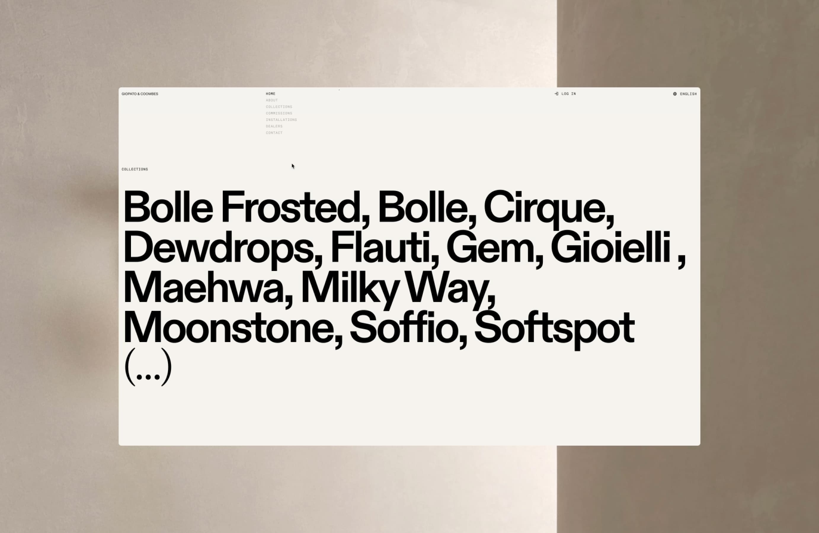 Image of the collections page of the website of Giopato & Coombes, featuring various collections such as Bolle Frosted, Bolle, Cirque, Dewdrops