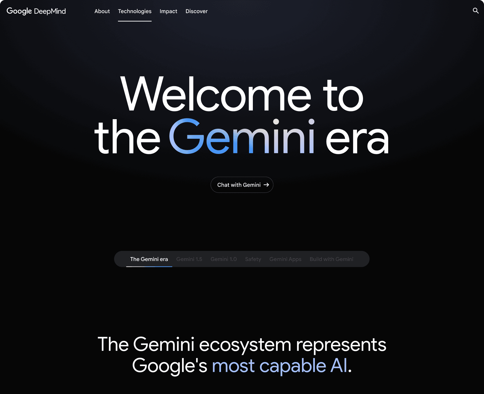 Google Gemini launch page layout on a dark interface