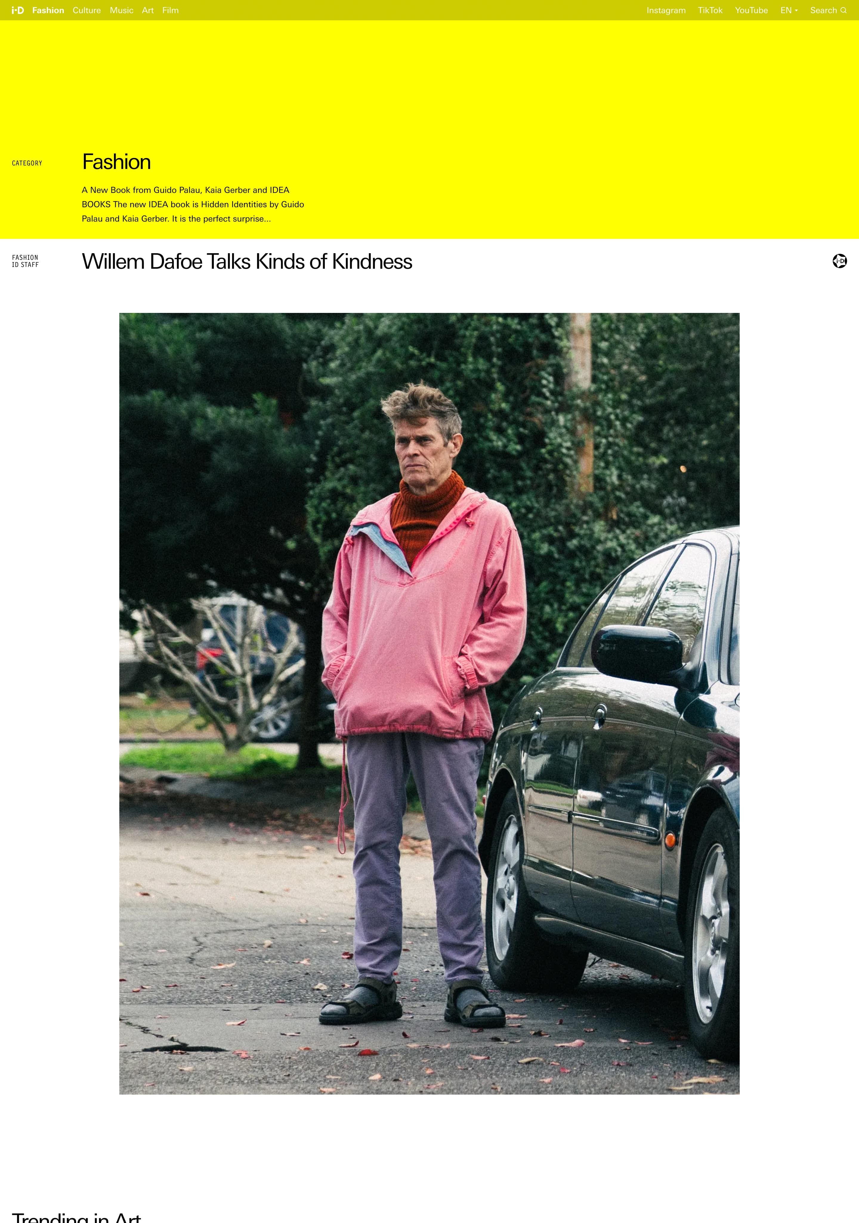 i-D fashion category page featuring a Willem Dafoe article