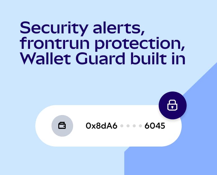 Design of a bento box about security with text: Security alerts, frontrun protection, Wallet Guard built in