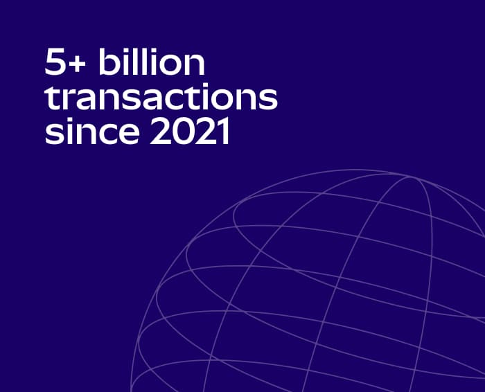 Design of a bento box with a 3D illustration of earth showing 5+ billion transactions since 2021