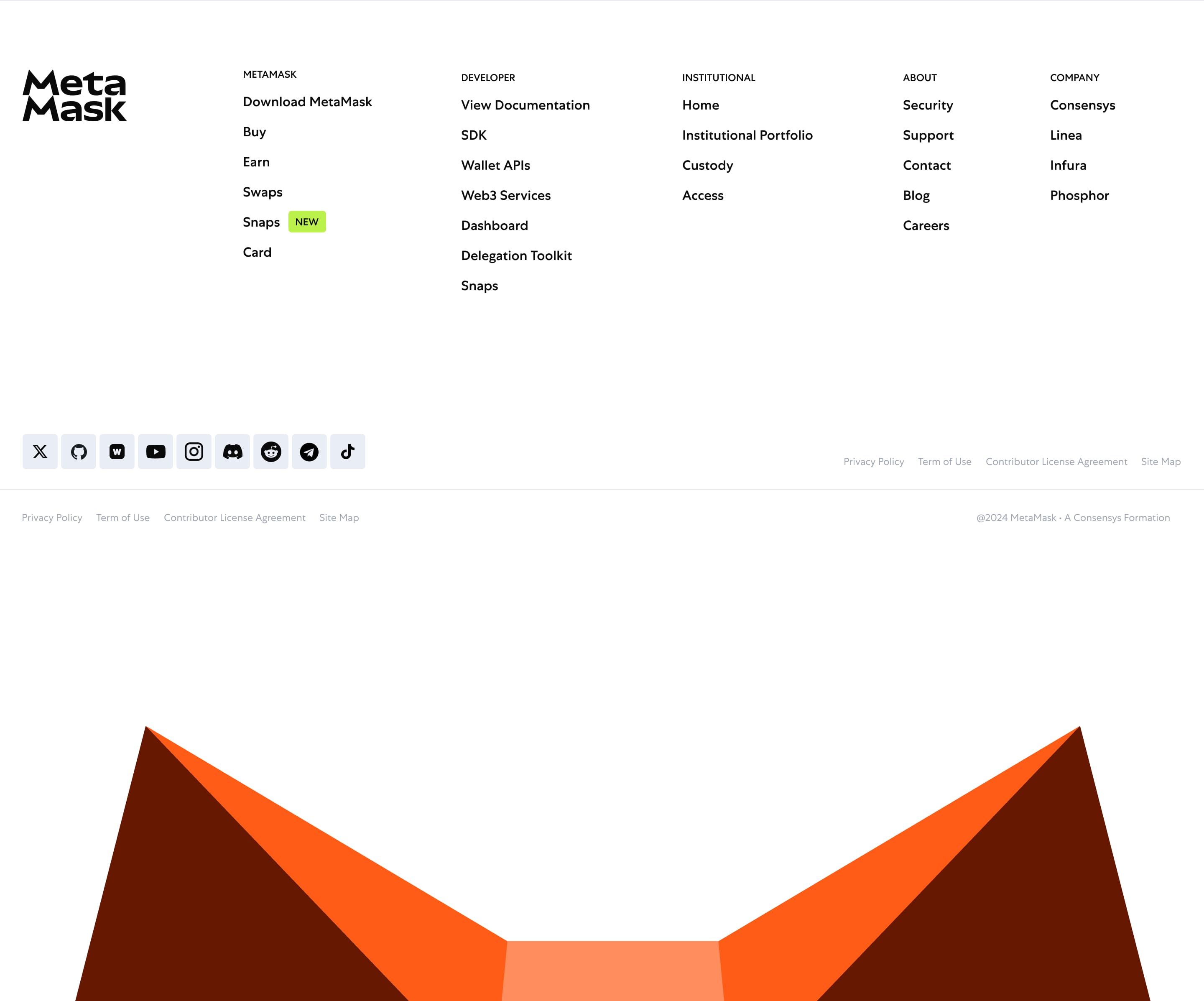 Design of the MetaMask footer, showing the MetaMask logo ears appearing on the bottom of the page