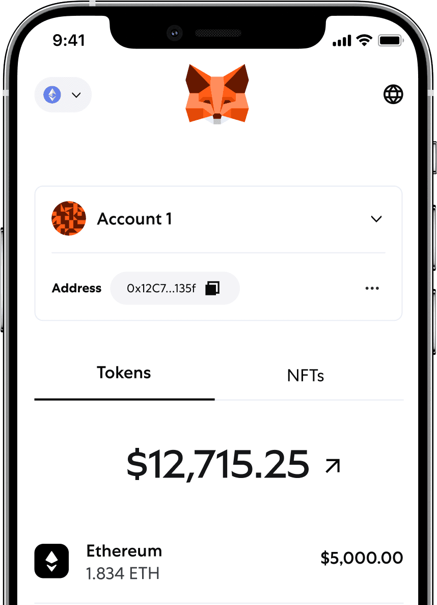MetaMask mascot illustration posed in a footer scene