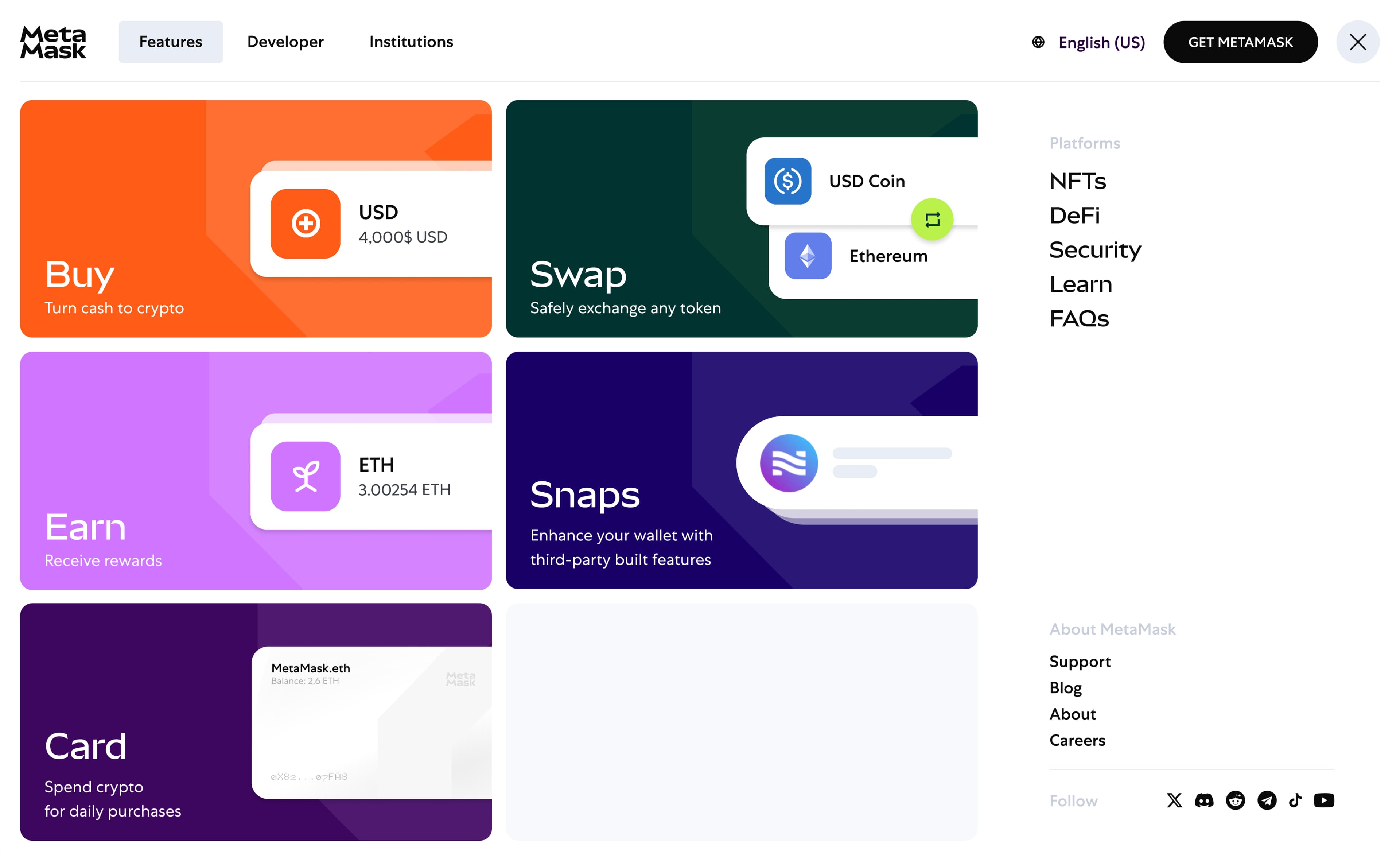 Design of the MetaMask menu, linking out to various pages such as Buy, Swap, Earn, Snaps and Card