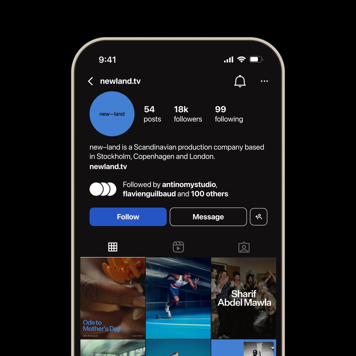 New Land Instagram profile view on mobile