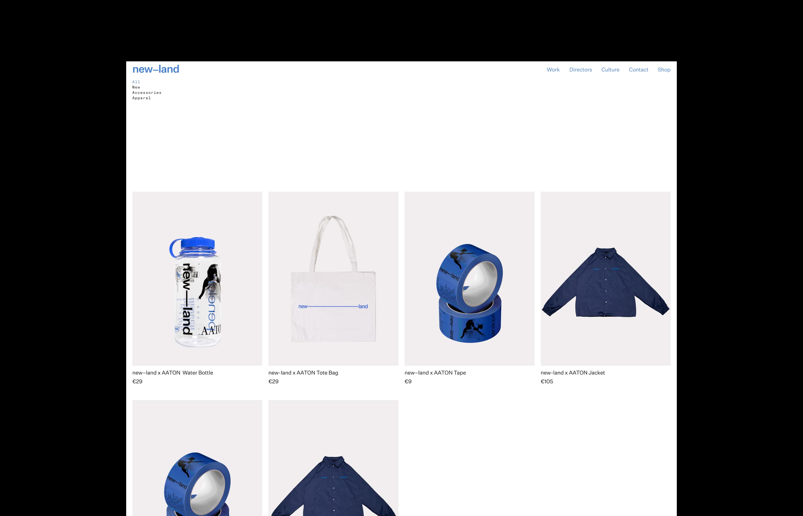 New Land shop page with product cards