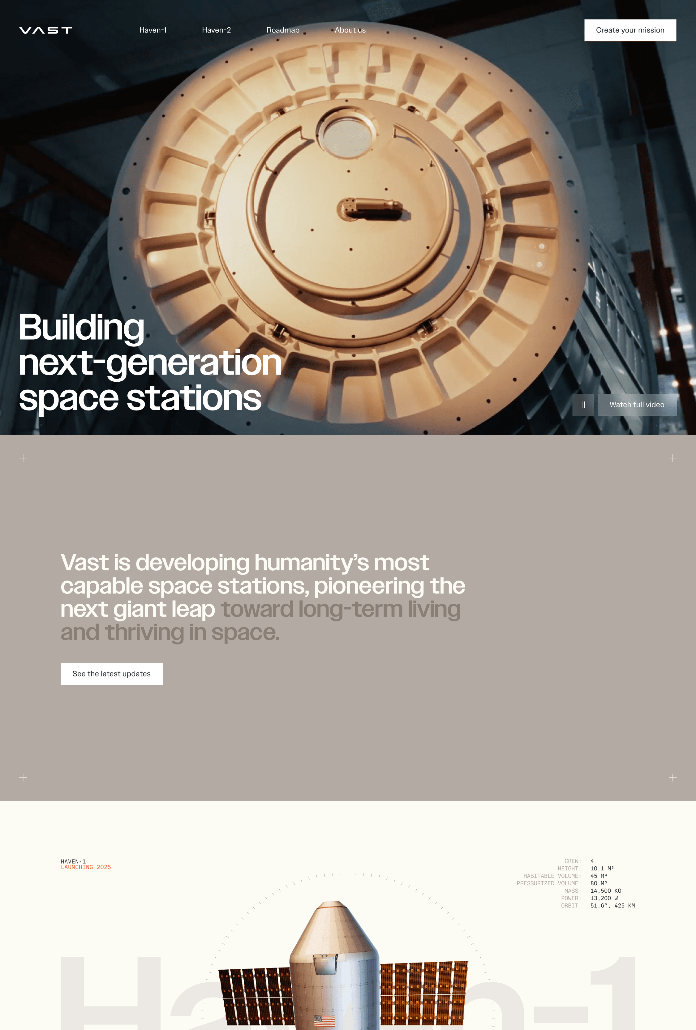 Vast homepage mockup featuring Haven-1 on a dark background